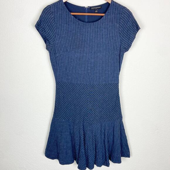 Banana Republic Pinstripe Mini Dress Size 6 Navy Blue Linen Blend‎ Cap Sleeve - Picture 1 of 10